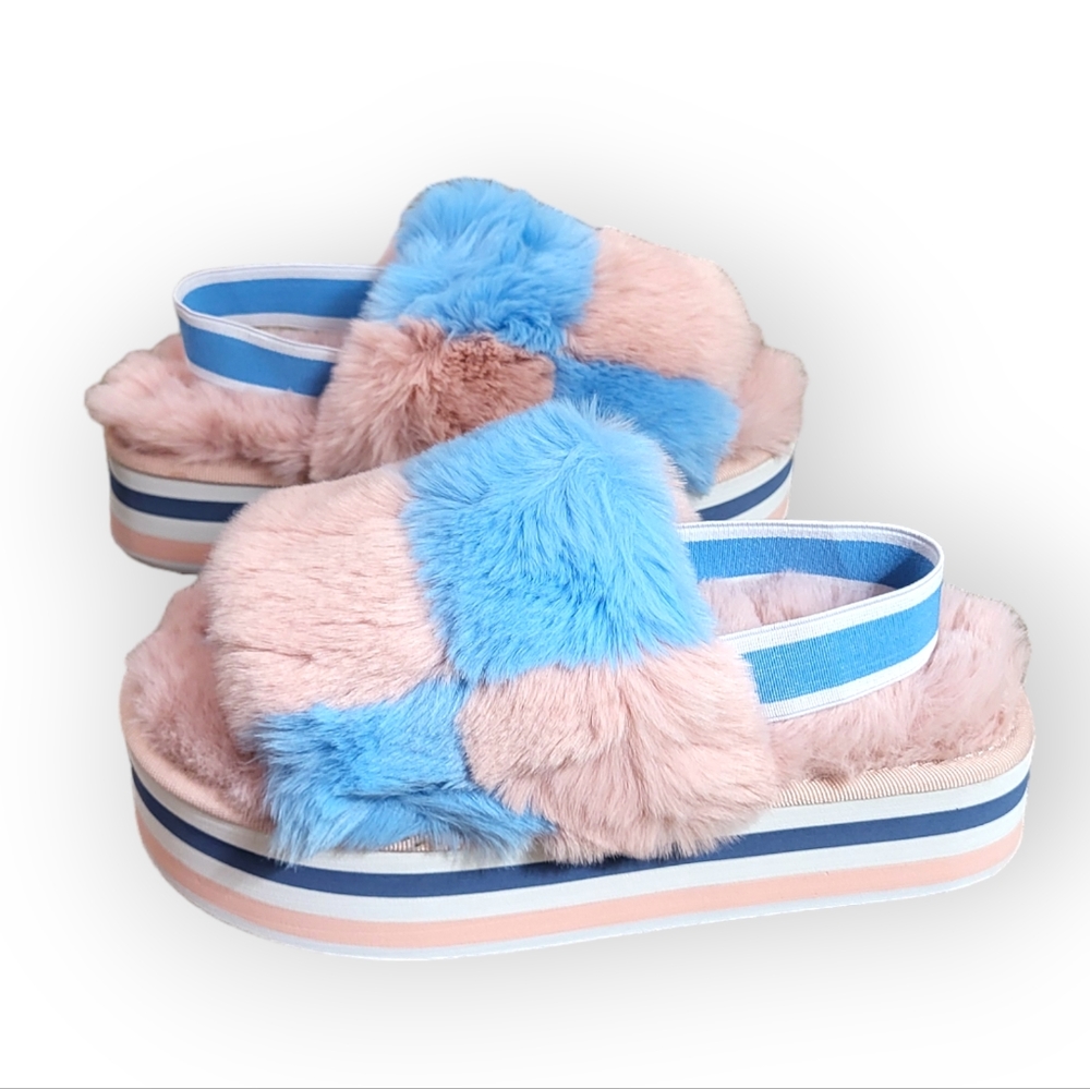 Cape Robbin Pepita Fluffy Platform Sandal Pink Blue 8